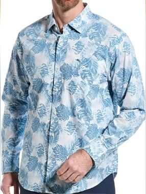 Tommy Bahama White and Blue Tropical Print Button Down Long Sleeve Shirt Sz 2XLT